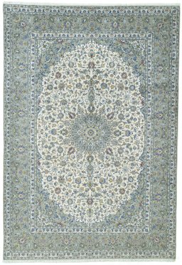 Full view of New Kashan rug from Iran / Persia, 362 × 251 cm in Beige tones