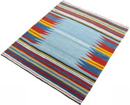 Corner detail of New Kilim Sofre rug showing border pattern and Wool pile