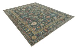 Corner detail of New Kazak rug showing border pattern and Wool pile