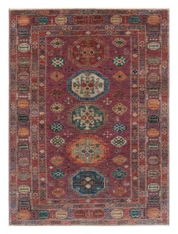 Full view of New Kazak rug from Pakistan, 206 × 146 cm in Red tones