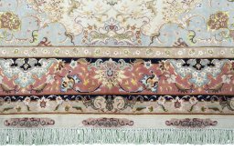 Full view of New Tabriz 50/60/70 Raj rug from Iran / Persia, 213 × 150 cm in Beige tones