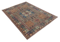 Corner detail of New Kazak rug showing border pattern and Wool pile