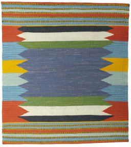 Full view of New Kilim Sofre rug from Turkey, 104 × 92 cm in Multi Color tones