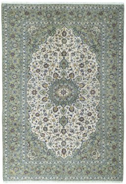 Full view of 2000s Kashan rug from Iran / Persia, 300 × 206 cm in Beige tones