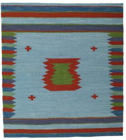 Full view of New Kilim Sofre rug from Turkey, 112 × 101 cm in Multi Color tones