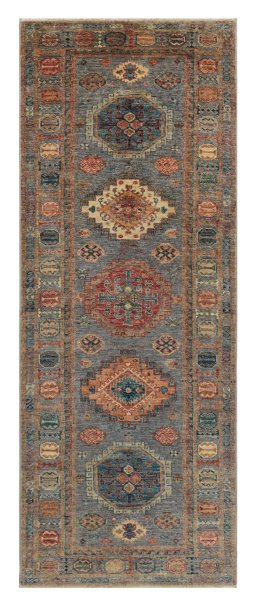 Full view of New Kazak rug from Pakistan, 217 × 80 cm in Blue tones