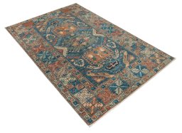 Corner detail of New Kazak rug showing border pattern and Wool pile