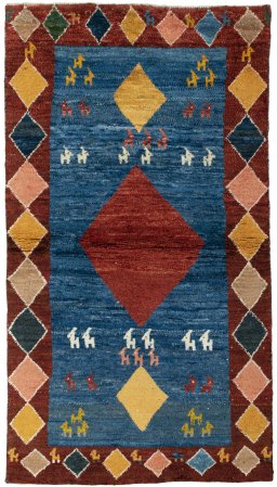 Full view of 2000s Persian Gabbeh rug from Pakistan, 189 × 105 cm in Blue tones