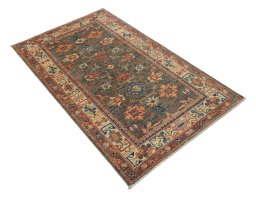 Corner detail of New Kazak rug showing border pattern and Wool pile