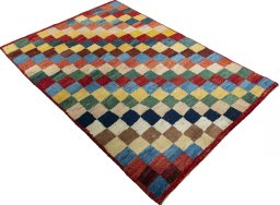 Close-up detail of 2000s Persian Gabbeh rug from Pakistan showing Wool weave