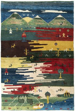 Full view of 2000s Persian Gabbeh rug from Pakistan, 204 × 137 cm in Multi Color tones