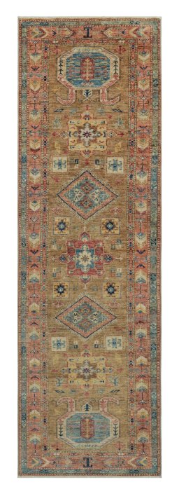 Full view of New Kazak rug from Pakistan, 249 × 77 cm in Yellow tones