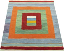 Close-up detail of New Kilim Sofre rug from Turkey showing Wool weave