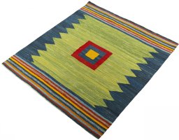 Corner detail of New Kilim Sofre rug showing border pattern and Wool pile