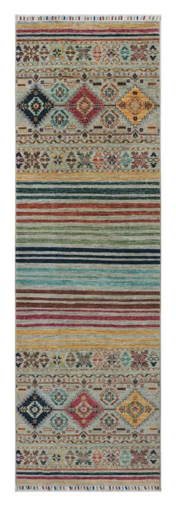 Full view of New Samarkand rug from Pakistan, 254 × 79 cm in Multi Color tones