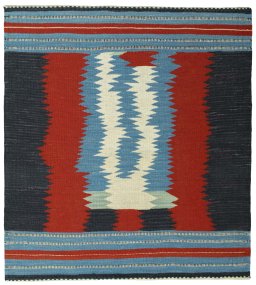 Full view of New Kilim Sofre rug from Turkey, 108 × 98 cm in Multi Color tones