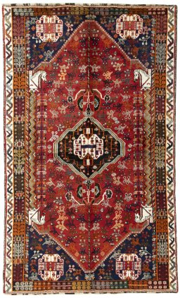 Full view of 1970s Shiraz rug from Iran / Persia, 254 × 153 cm in Red tones