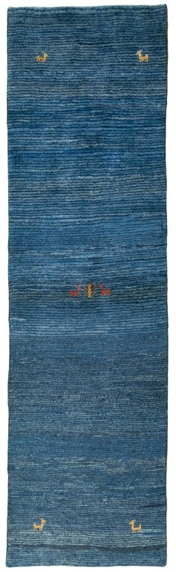 Full view of New Persian Gabbeh rug from Pakistan, 290 × 83 cm in Blue tones