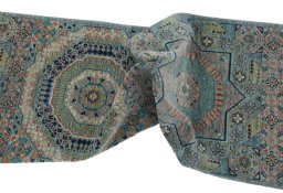 Full view of New Mamluk rug from Pakistan, 346 × 77 cm in Blue tones