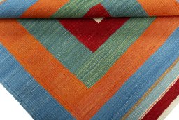 Full view of New Kilim Sofre rug from Turkey, 87 × 84 cm in Multi Color tones