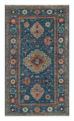 Full view of New Kazak rug from Pakistan, 138 × 80 cm in Blue tones