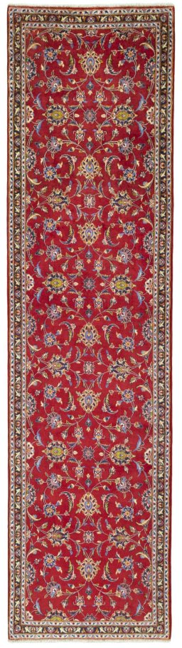 Full view of 2000s Kashan rug from Iran / Persia, 385 × 101 cm in Red tones