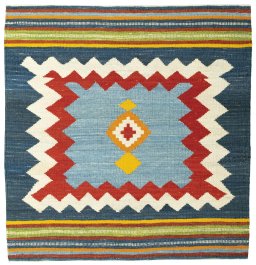 Full view of New Kilim Sofre rug from Turkey, 114 × 109 cm in Multi Color tones