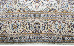 Full view of 2000s Kashan rug from Iran / Persia, 374 × 260 cm in Beige tones