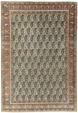 Full view of 1950s Ghom rug from Iran / Persia, 202 × 137 cm in Beige tones
